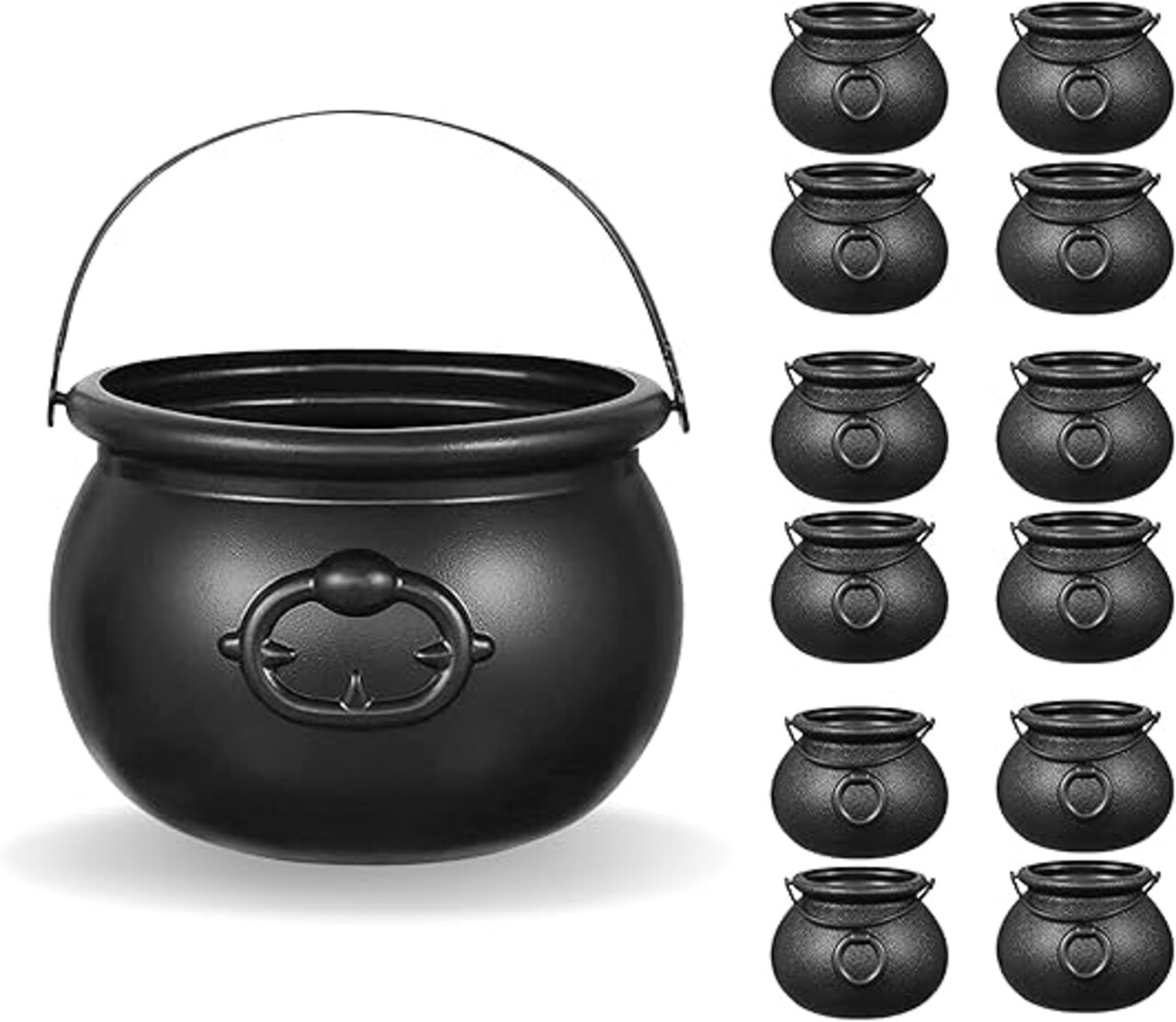 Black Cauldron Plastic 12 Mini & 1 Large 7"- for Halloween Cauldron Black Candy Bucket for Trick or Treat Container for Kids Table Décor Kids Party Favors Supplies By 4E's Novelty